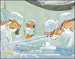 Fem vårdgivare bär operationsrockar, masker och hattar gör kirurgi.