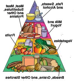 Diabetes matpyramiden visar bas av bröd, spannmål och annan stärkelse. Grönsaker och frukt är nästa. På toppen av dessa är mjölk och yoghurt och kött, köttersättningsmedel och andra proteiner. Överst på pyramiden är fett, godis och alkohol.